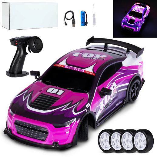 Р/у машина для дрифта, 1:18, 4 канала, 3D подсветка корпуса, цвет фиолетовый с черн., с аккум, в/к 31,5*13,5*15,5см в Джамбо Тойз