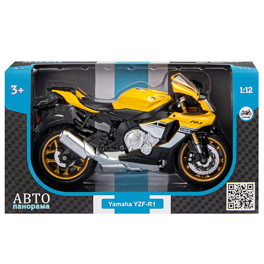 ТМ "Автопанорама" Мотоцикл металл. 1:12 YAMAHA YZF-R1, желтый, свободный ход колес, в/к 7,1*11,7*20,6 см в Джамбо Тойз #4