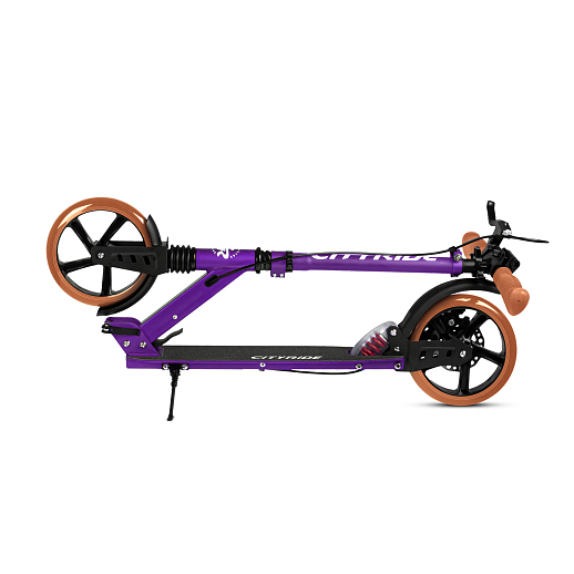 2хкол. самокат CITYRIDE 200MM disk, ал. 100%. Аморт. передний/задний. Колеса PU 200/200 мм. Подшипники: Abec-9. Грипсы: резина. Хомуты анод., замок на руле. Ручной дисковый задний тормоз. Сиреневый в Джамбо Тойз #5