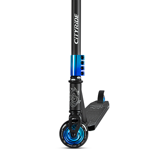 Трюковый самокат CITYRIDE, T-bar сталь 50*56см, дека алюм.50*10см, колеса PU 86A 100мм, пластик диск, вилка резьб., хомут 4б., сине-зеленый  в Джамбо Тойз #7