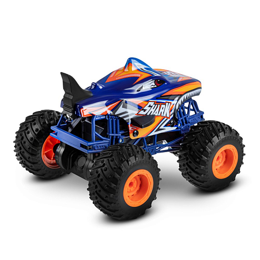 Р/у Монстр-трак Акула, перевертыш, 1:16, 4WD, 3D подсветка корпуса, гироскоп: может ездить на двух колесах, звук.эффекты, цвет голубой с оранжевым, с аккум., в/к 24*20*26 см в Джамбо Тойз #13