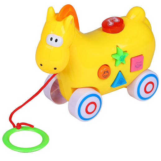 Каталка-игрушка музыкальная "Лошадка" ТМ "Smart Baby", на веревочке, мелодии В. Шаинского, учим фигуры, животных, желтая в/к 16,5*20,5*9 см в Джамбо Тойз #3