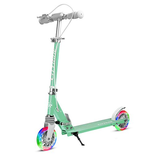 Двухколесный самокат CITY-RIDE 120, ал. 100%. Аморт. передний. Колеса PU 120/120 мм. Подшипники: Abec-9. Грипсы: резина. Хомуты анод, замок на руле. Ручной задний тормоз, зеленый в Джамбо Тойз