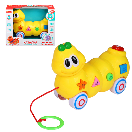Каталка-игрушка музыкальная "Гусеница" ТМ "Smart Baby", на веревочке, мелодии В. Шаинского, учим фигуры, животных, в/к 16,5*20,5*9 см в Джамбо Тойз