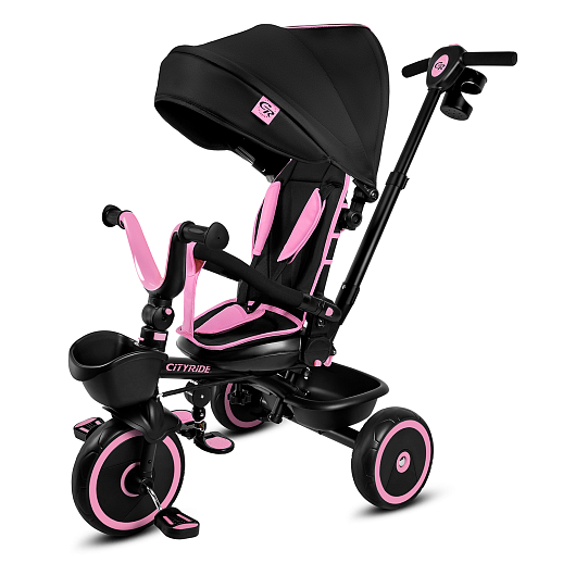 Детский 3хкол. велосипед ”CITYRIDE“ Рама сталь, наклонный руль из магнезия, колясочная крыша, ручка управления с подстаканником, 2 корзины. Колеса EVA 10/8, подножки, тормоза, бампер безопасности. Розово-черный в Джамбо Тойз