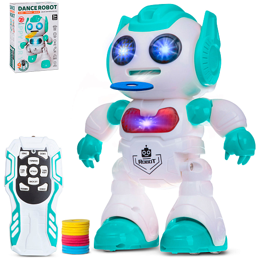 Р/у робот,движение вперед,назад,повороты,танцует под музыку,стреляет дисками,цвет бирюзовый,в/к 16*10*24см в Джамбо Тойз