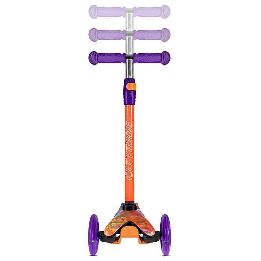 Самокат трехколесный CITY-RIDE (пакет). Руль телеск.: алюминий с резин.рукояткой. Дека: PP+нейлон гидрографика, размеры 51*11 см. Колеса: 120/76 PU со светом. Подшипник: Аbec-5. Максимальная нагрузка: 35кг. Возраст: от 3 лет. в Джамбо Тойз #8