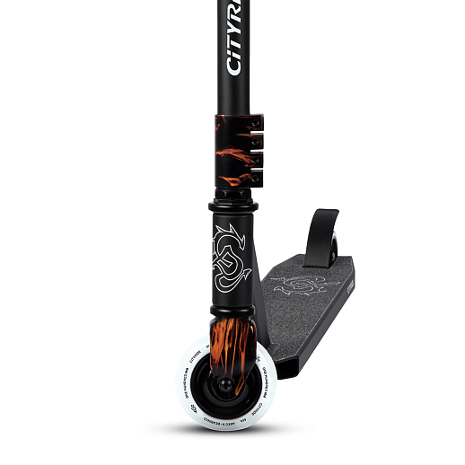 Трюковый самокат CITYRIDE, T-bar сталь 50*53см, дека алюм.48*10см, колеса PU 86A 100мм, пластик диск, вилка резьб., хомут 4б., цвет черный/огонь  в Джамбо Тойз #5