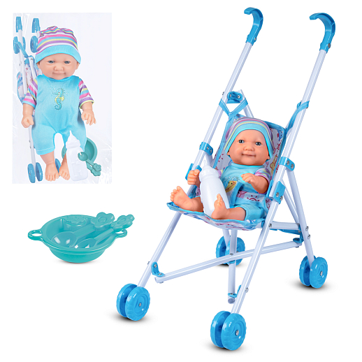 Пупс 25 см, русский язык, Шаинский, с коляской и аксессуарами: голубой, в/п в Джамбо Тойз