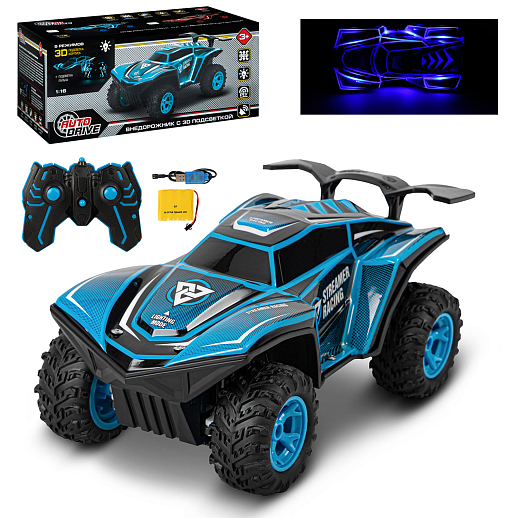 AUTODRIVE Р/У внедорожник,3D-подсветка корпуса/пульта,М1:16,2.4GHz,музыка,цвет синий,в/к 35,5*18*16см в Джамбо Тойз