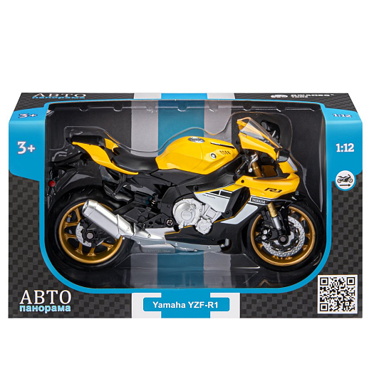 ТМ "Автопанорама" Мотоцикл металл. 1:12 YAMAHA YZF-R1, желтый, свободный ход колес, в/к 7,1*11,7*20,6 см в Джамбо Тойз #5