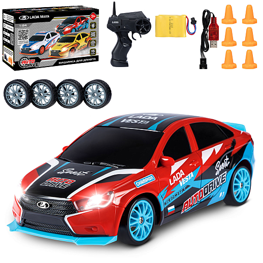 AUTODRIVE Р/У Машина для дрифта LADA Vesta,М1:24,2.4GHz,4WD,свет фар,4 доп.колеса,конусы,с аккум.,цв. красный,в/к 20,5*13*12см в Джамбо Тойз