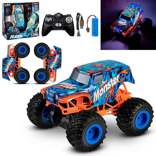 Р/у Монстр-трак, перевертыш, 1:16, 4WD, 3D подсветка корпуса, гироскоп: может ездить на двух колесах, звук.эффекты, цвет голубой с оранжевым, с аккум., в/к 24*20*26 см в Джамбо Тойз