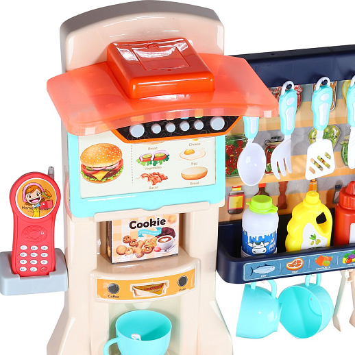 Игровой набор Кухня детская игровая, кран с водой, еда меняет цвет, телефон на бат., свет, звук, в компл.65 предметов, цв.син., в/к 59*50*20см в Джамбо Тойз #12