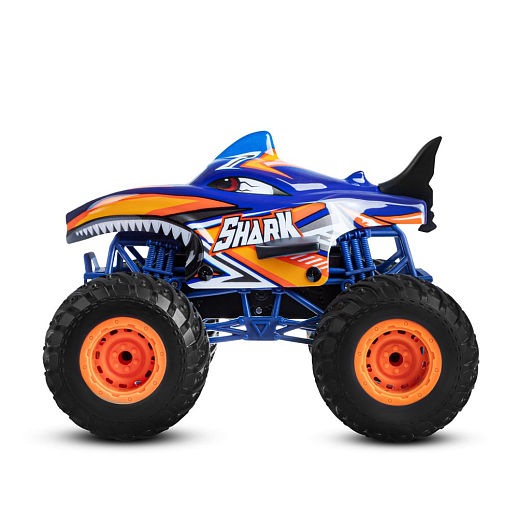 Р/у Монстр-трак Акула, перевертыш, 1:16, 4WD, 3D подсветка корпуса, гироскоп: может ездить на двух колесах, звук.эффекты, цвет голубой с оранжевым, с аккум., в/к 24*20*26 см в Джамбо Тойз #5