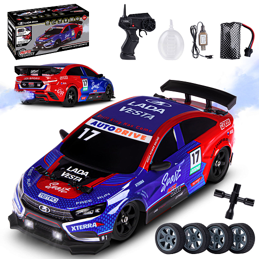 AUTODRIVE Р/У Машина для дрифта LADA Vesta с паром,1:16,2.4GHz,4WD,запасн.колеса 4шт.,свет,с аккум,в/к 31*15*15см в Джамбо Тойз