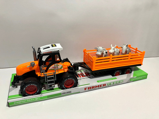 Инерционный трактор с прицепом с животными, оранжевый, п/к 50,5*14,5*15 в Джамбо Тойз