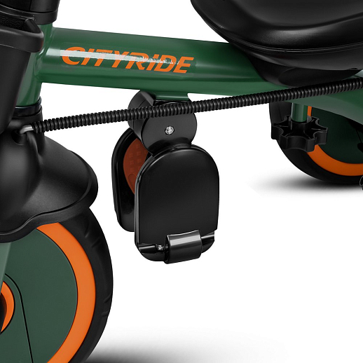 Детский 3хкол. велосипед ”CITYRIDE“ Рама сталь, наклонный руль из магнезия, колясочная крыша, ручка управления с подстаканником, 2 корзины. Колеса EVA 10/8, подножки, тормоза, бампер безопасности. Оранжево-зеленый. в Джамбо Тойз #19