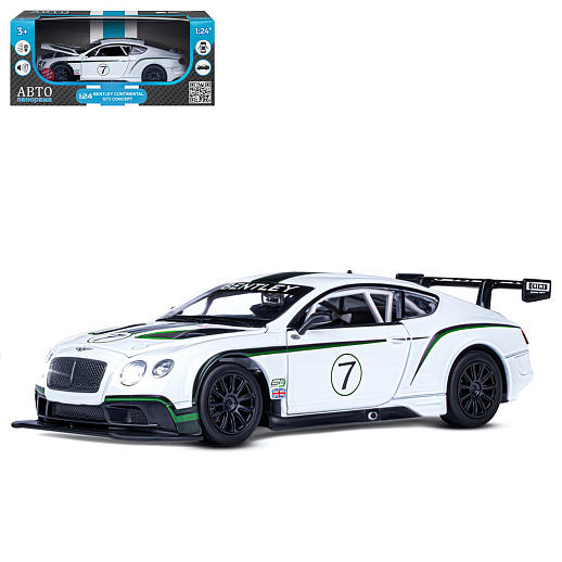 ТМ "Автопанорама" Машинка металл 1:24 Bentley Continental GT3 Concept, белый, свободный ход колес, откр. двери, капот, свет, звук, в/к 24,5*12,5*10,5 см в Джамбо Тойз