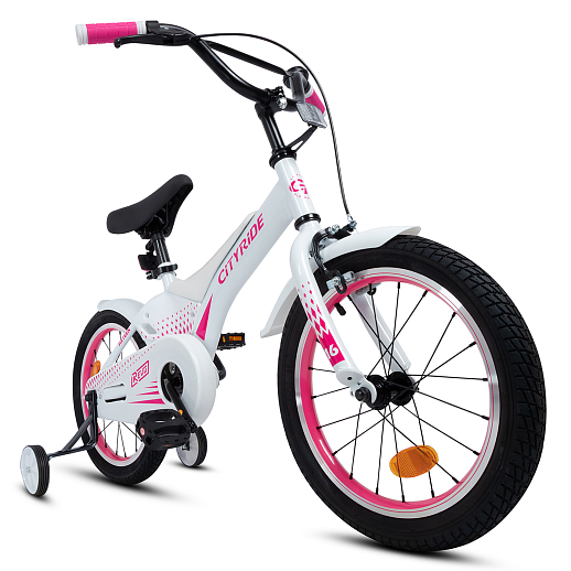 Детский велосипед "Cityride REVO", модель CR-B2-05, рама сталь, кожух цепи 100%, обода алюм. 16", втулки сталь, покрышки 2,125, страх. колеса, руль сталь. вынос сталь, задние ножные тормоза, передний клещевой, крылья пластик, отражатели пер/зад и на спицах, цвет белый розовый в Джамбо Тойз #2