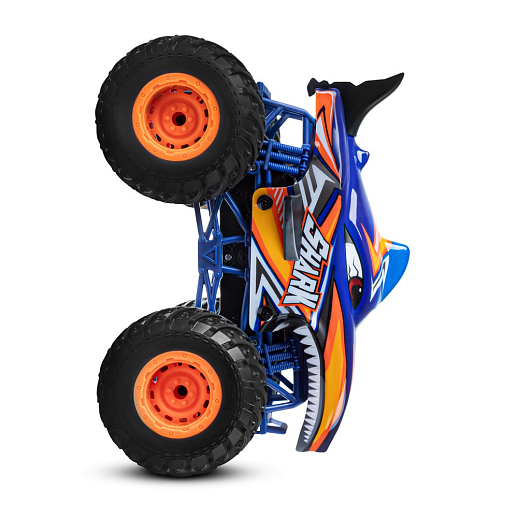 Р/у Монстр-трак Акула, перевертыш, 1:16, 4WD, 3D подсветка корпуса, гироскоп: может ездить на двух колесах, звук.эффекты, цвет голубой с оранжевым, с аккум., в/к 24*20*26 см в Джамбо Тойз #3