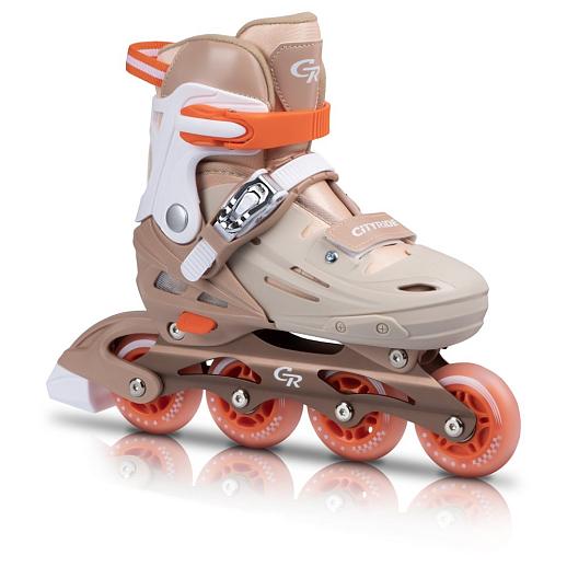 Роликовые коньки CITYRIDE, PU колеса, алюминиевая рама, переднее колесо со светом, подшипники ABEC 7, пластиковый мысок, бежевый-оранжевый, в/к 5сл гофорокартон в Джамбо Тойз #11