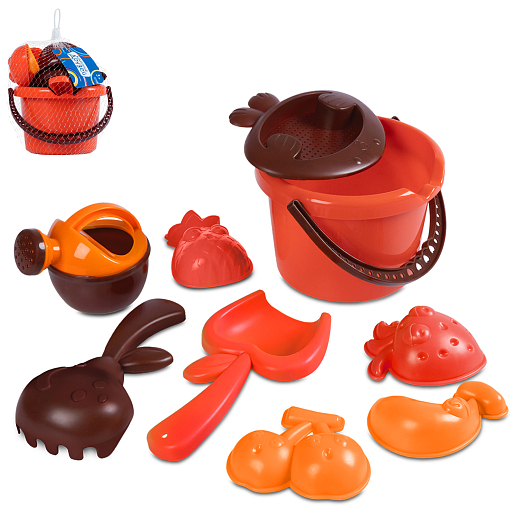 ТМ "Компания Друзей" Песочный набор "Фрукты" оранж-коричневый (в комп. ведро 1 л, лопатка 18см, грабли  18см, 4 формочки, сито, лейка 0,2 л) 22х18х18 см в Джамбо Тойз