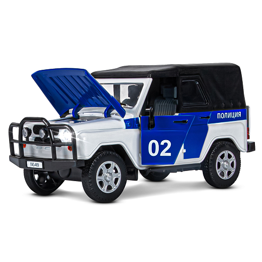 Машинка металлическая Автопанорама, инерционная, коллекционная модель УАЗ-469 "Полиция", масштаб 1:24, свет, звук, открываются двери, капот, багажник, белый, в/к 22*12*11 см в Джамбо Тойз #5