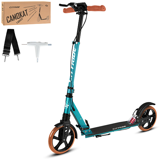 2хкол. самокат CITYRIDE 200MM disk, ал. 100%. Аморт. передний/задний. Колеса PU 200/200 мм. Подшипники: Abec-9. Грипсы: резина. Хомуты анод., замок на руле. Ручной дисковый задний тормоз. Зеленый в Джамбо Тойз