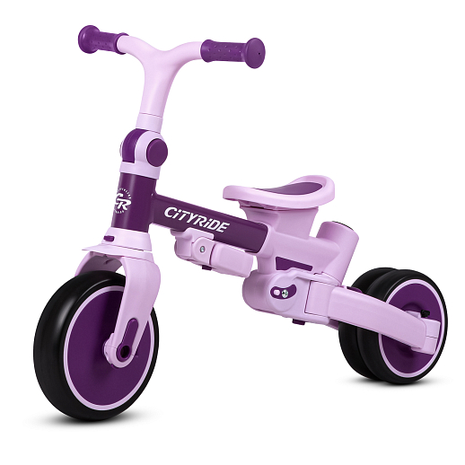 Детский трехколесный велосипед "CITYRIDE". Рама алюминий, может трансформироваться, подножки, колеса 8/7 EVA, капюшон, род. ручка, фиолетовый в Джамбо Тойз #6