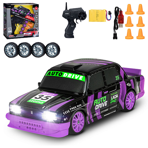 AUTODRIVE Р/У Машина для дрифта LADA 2105,М1:24,2.4GHz,4WD,свет фар,4 доп.колеса,конусы,с аккум.,цв. черный с фиолет.акцентами,в/к 24*10,3*23,7см в Джамбо Тойз