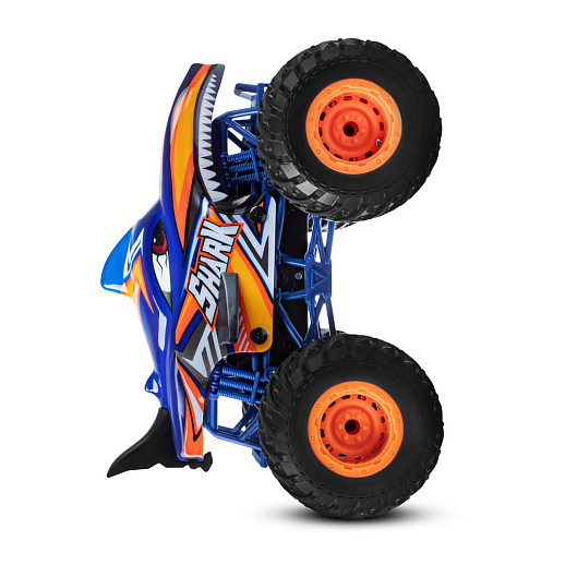 Р/у Монстр-трак Акула, перевертыш, 1:16, 4WD, 3D подсветка корпуса, гироскоп: может ездить на двух колесах, звук.эффекты, цвет голубой с оранжевым, с аккум., в/к 24*20*26 см в Джамбо Тойз #15