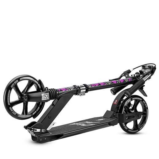 Двухколесный самокат CITYRIDE 200, 100% алюм., диск.тормоз. Дека: 46,5*13,5 см., руль: 90,5-105,5 см. Подножка. Аморт. передний/задний. Колеса PU 200/200 мм. Подшипники: Abec-9. Грипсы: резина. Хомуты хром, замок на руле. Ручной дисковый задний тормоз. в Джамбо Тойз #4