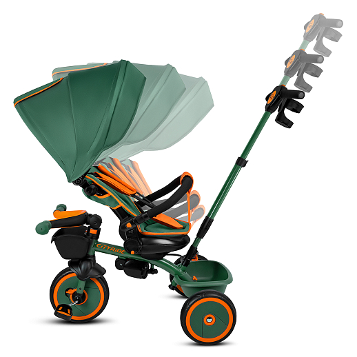 Детский 3хкол. велосипед ”CITYRIDE“ Рама сталь, наклонный руль из магнезия, колясочная крыша, ручка управления с подстаканником, 2 корзины. Колеса EVA 10/8, подножки, тормоза, бампер безопасности. Оранжево-зеленый. в Джамбо Тойз #7