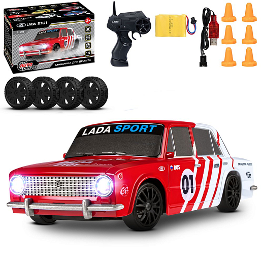 AUTODRIVE Р/У Машина для дрифта LADA 2101,М1:24,2.4GHz,4WD,свет фар,4 доп.колеса,конусы,с аккум.,цв. красный с белыми акцентами,в/к 20,5*13*13см в Джамбо Тойз