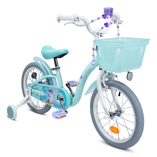 Велосипед двухколёсный CITYRIDE, модель CR-B2-09H, колеса 16"сталь, рама сталь, балансирные колеса, пластиковая корзинка, оплетка тормозных рубашек в  декортаивных бусинах, задний тормоз ленточный, цвет морская волна в Джамбо Тойз