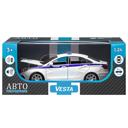 Машинка металлическая Автопанорама, инерционная, коллекционная модель LADA VESTA "Полиция" седан, масштаб 1:24, свет, звук, открываются 4 двери, капот, багажник, белый, в/к 24,5*12,5*10,5 см в Джамбо Тойз #3