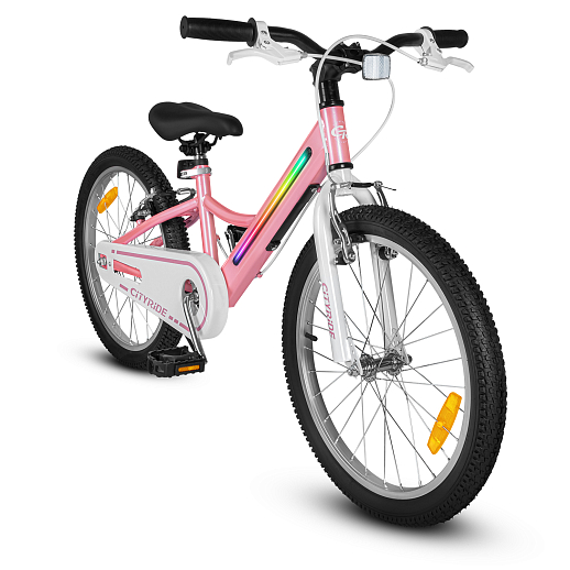 Велосипед двухколесный CITYRIDE, модель CR-B2-11FU, рама сталь, колеса алюминий 20", v-brake тормоза, встроенная в раму подсветка, подножка, цвет розовый в Джамбо Тойз