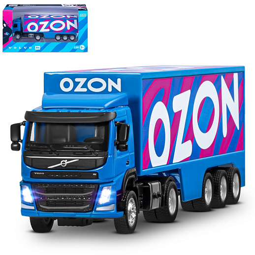 Игрушка для детей: Машинка металлическая 1:50 Volvo OZON, цвет синий, откидывается кабина, свет, звук, свободный ход колес, артикул JB1251739 в Джамбо Тойз
