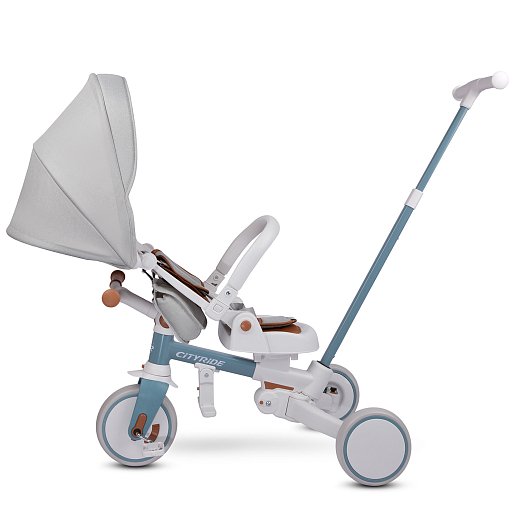 Детский трехколесный велосипед "CITYRIDE". Рама алюминий, может трансформироваться, подножки, колеса 8/7 EVA, капюшон, род. ручка, сине-серый в Джамбо Тойз #10