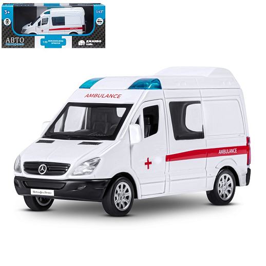 ТМ "Автопанорама" Машинка металлическая 1:53 Mercedes-Benz Sprinter, скорая помощь, откр. двери, инерция, в/к 17,5*12,5*6,5 см в Джамбо Тойз