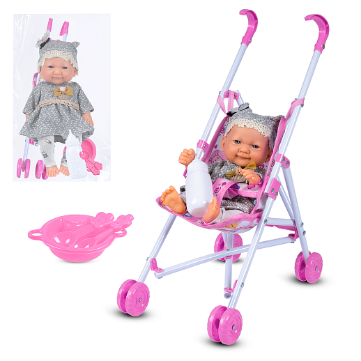 Пупс 25 см, русский язык, Шаинский, с коляской и аксессуарами: серый, в/п в Джамбо Тойз