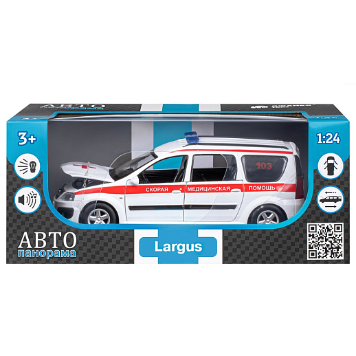 Машинка металлическая Автопанорама, инерционная, коллекционная модель LADA LARGUS, масштаб 1:24, "Скорая помощь", свет, звук, открываются 4 двери, капот, багажник, белый, в/к 24,5*12,5*10,5 см в Джамбо Тойз #3