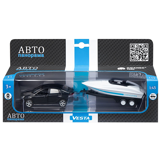 ТМ "Автопанорама" Машинка металлическая 1:43, LADA VESTA черная, откр. 2 двери., инерция + прицеп с катером в Джамбо Тойз #3