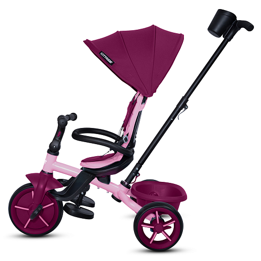 Детский трехколесный велосипед "CITYRIDE XTERRA". Рама сталь, сиденье съемное, складная крыша D600, подножки, колеса 11/9 EVA, корзина, подстаканник, розовый в Джамбо Тойз #6