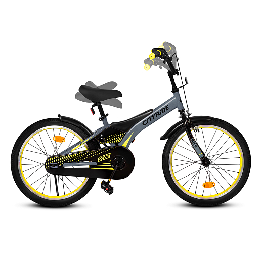 Детский велосипед "Cityride REVO", модель CR-B2-05, рама сталь, кожух цепи 100%, обода алюм. 20", втулки сталь, покрышки 2,125, подножка, руль сталь. вынос сталь, задние ножные тормоза, передний клещевой, крылья пластик, отражатели пер/зад и на спицах, цвет серый-жёлтый в Джамбо Тойз #4