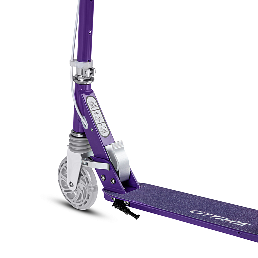 Двухколесный самокат CITY-RIDE 120, ал. 100%. Аморт. передний. Колеса PU 120/120 мм. Подшипники: Abec-9. Грипсы: резина. Хомуты анод, замок на руле. Ручной задний тормоз, фиолетовый в Джамбо Тойз #8