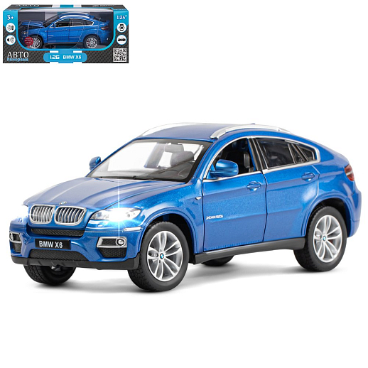 ТМ "Автопанорама" Машинка металлическая 1:26 BMW X6, синий, откр. двери, капот и багажник, свет, звук, свободный ход колес, в/к 24,5*12,5*10,5 см в Джамбо Тойз
