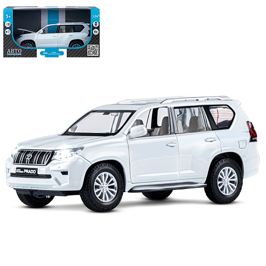 ТМ "Автопанорама" Машинка металлическая, 1:24,  Land Cruiser Prado, белый, открываются двери, капот и багажник, свободный ход колес, световые и звуковые эффекты, в/к 24,5х12,5х10,5 см в Джамбо Тойз