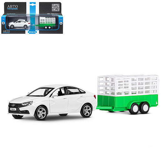 ТМ "Автопанорама" Машинка металлическая 1:43, LADA VESTA белая, откр. 2 двери., инерция + сельхозприцеп в Джамбо Тойз